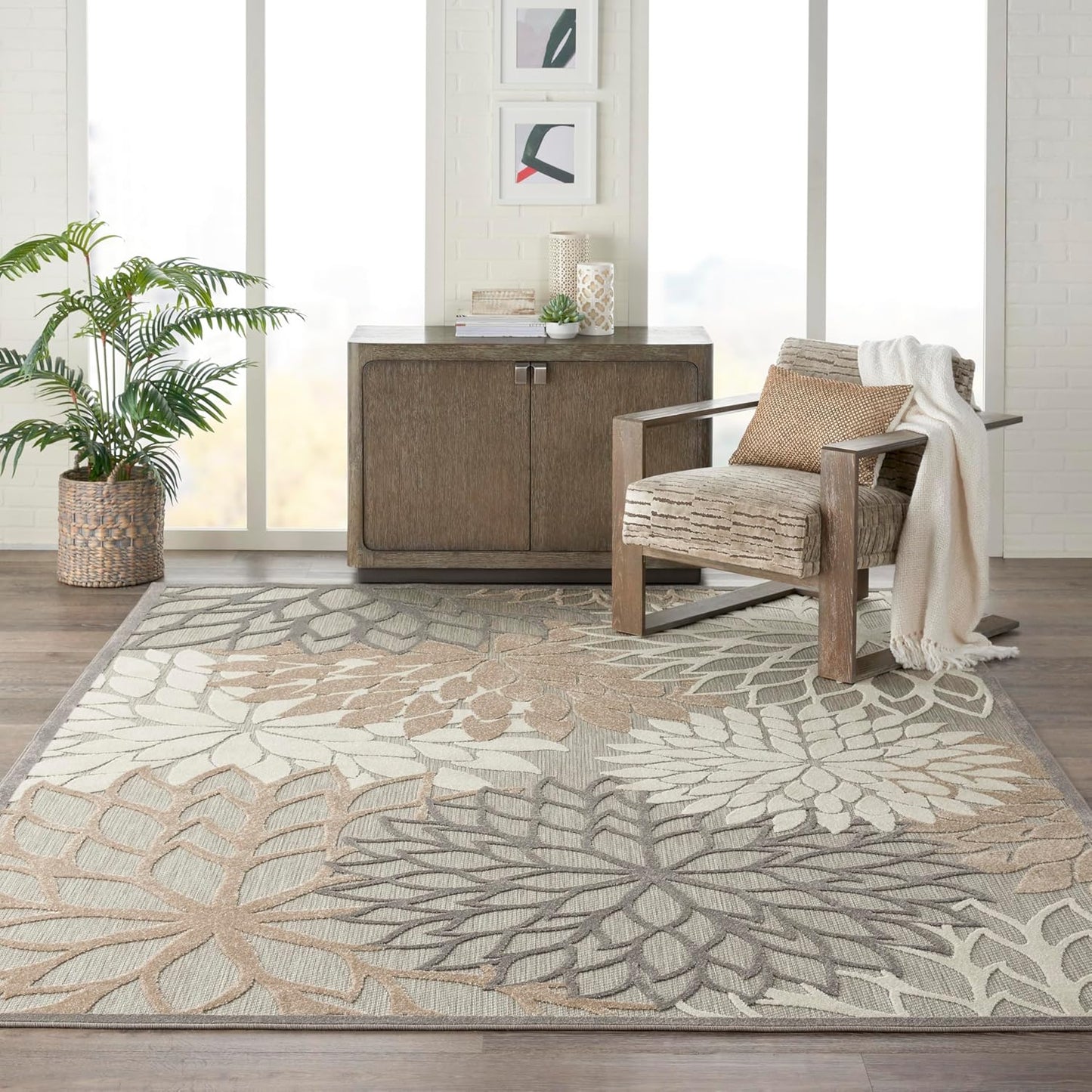 Nourison Home Aloha Indoor/Outdoor Floral Natural 7'10" x 10'6" Area Rug (8' x 11'), 7'10"X10'6",