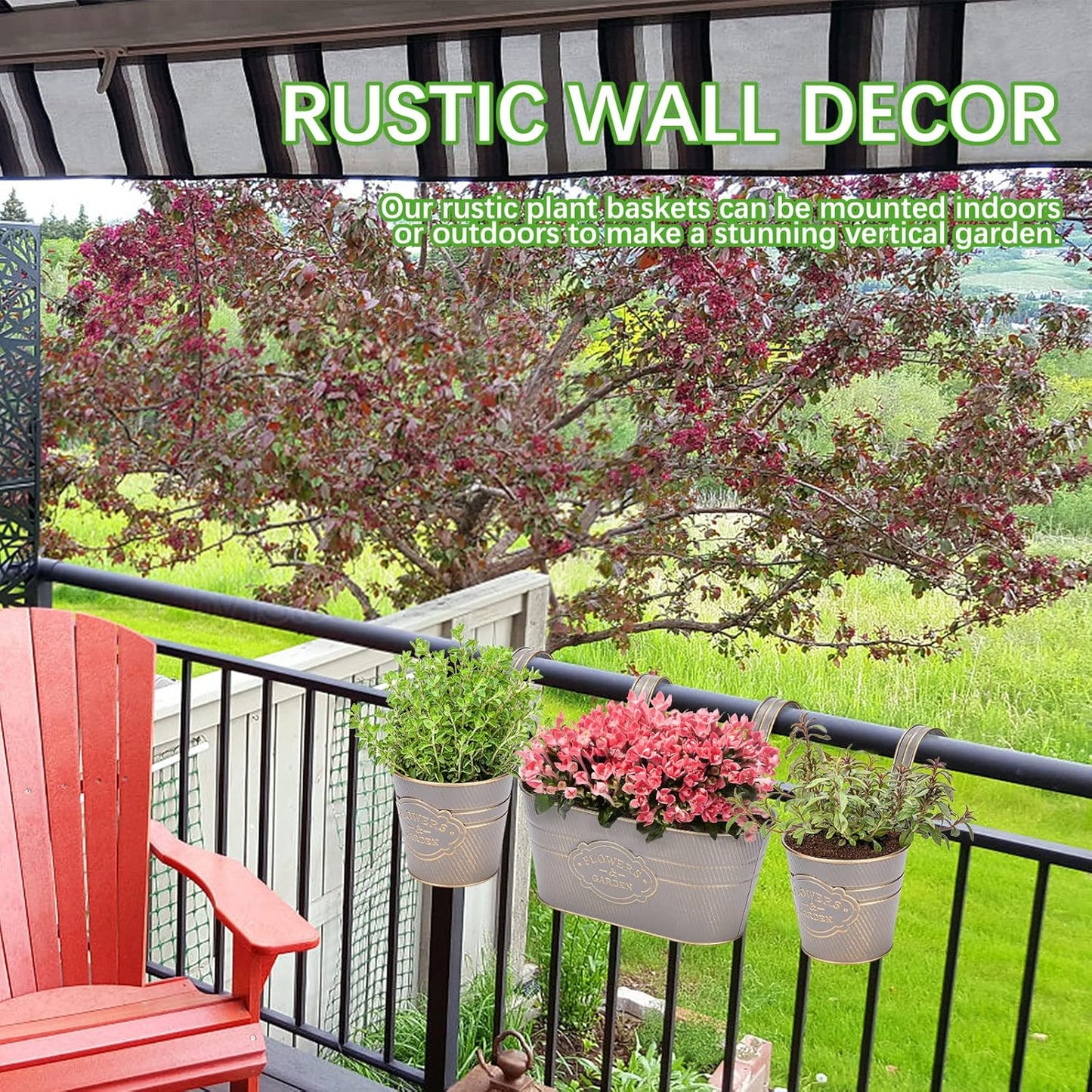 PerGar Vintage Metal Iron Wall Hanging Flower Pots, Rustic Planter Bucket Herb Flower Plant Holder with Detachable Hooks & Drainage Hole for Railing Fence Balcony Deck Garden Home Decoration, Set of 3