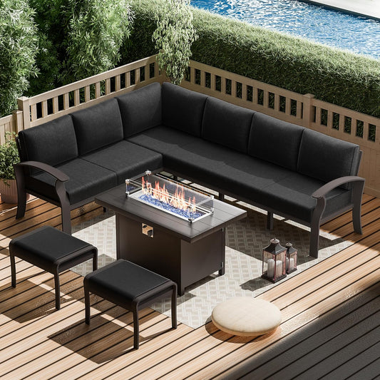 Aluminum Patio Furniture Set with Fire Pit Table, 8 Seats Outdoor Patio Conversation Set Modern Metal Patio Sectional Sofa w/5.1" Upgrade Cushions for Porch, Patio, Backyard(Dark Grey).