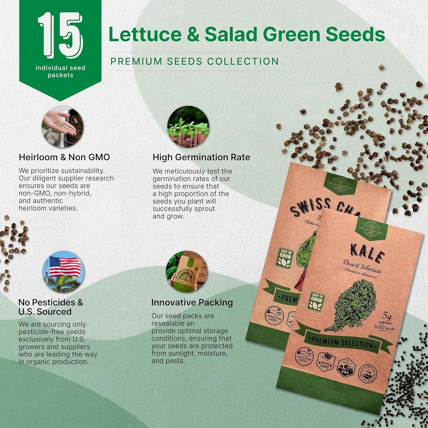 Organo Republic 15 Lettuce & Salad Greens Seeds Variety Pack 17700+ Non-GMO Heirloom Lettuce Seeds for Indoors & Outdoors Garden, Hydroponics, Aerogarden - Arugula, Kale, Spinach, Swiss Chard, Lettuce