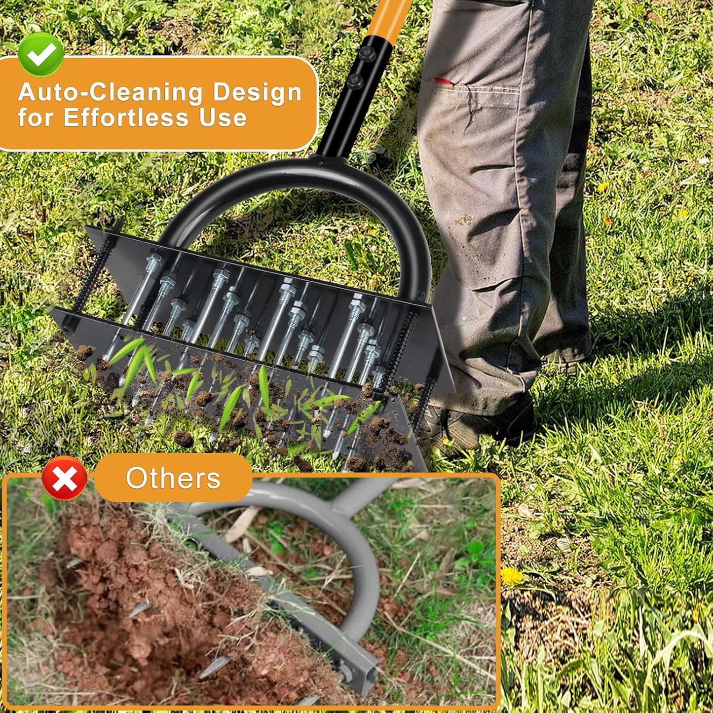 Manual Lawn Aerator Tool with 16 Steel Spikes, Adjustable T-Handle Hand Aerator Lawn Tool with 4-Spring Self-Cleaning Design for Soil Loosening & Grass Root Growth in Lawn, Garden & Backyard