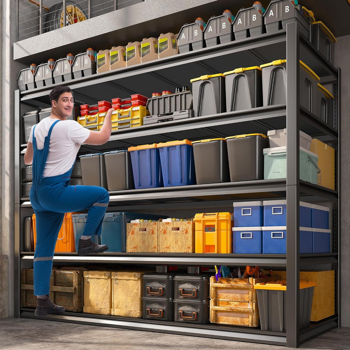 REIBII Garage Shelving 48.2" W Storage Shelves 3000LBS Heavy Duty Shelving Adjustable Metal Shelf Industrial 5 Tier Pantry Shelves for Basement Warehouse Supermarket 72.2"H x 24.2"D x 48.2"W, 2 Pack