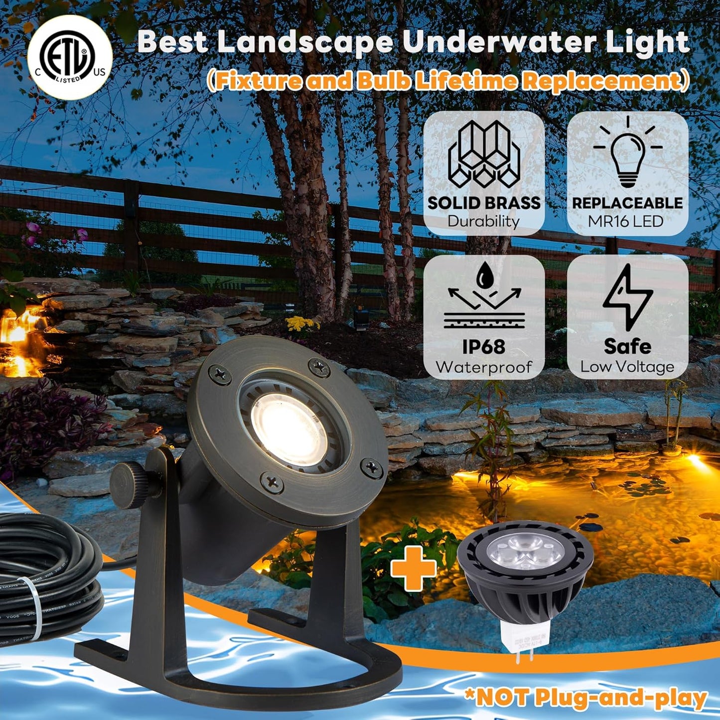 Solid Brass Underwater Pond Light - 12V Low Voltage IP68 Submersible Bronze Fixture, with 5000K MR16 LED for Outdoor Pond Fountain Waterfall Landscape Lighting(12 Pack)