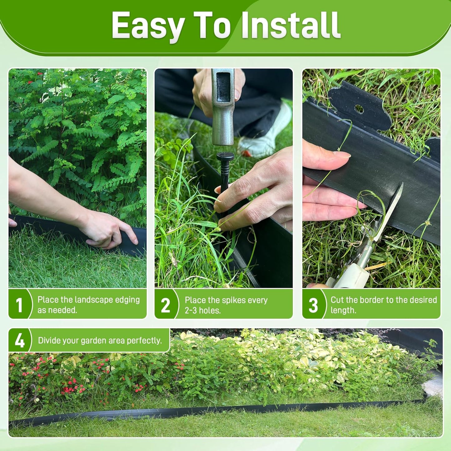 3.15" x 100' No Dig Landscape Edging, Flexible Garden Edging Borders with 90 Anchoring Spikes, Plastic Lawn Edging for Landscaping Garden Flower Beds Grass Yard Paver Pathway, Black