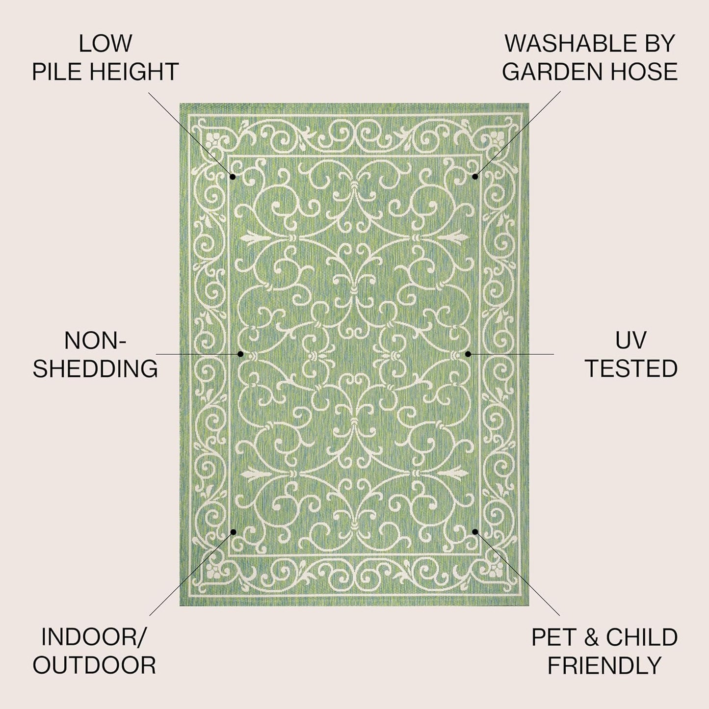 JONATHAN Y SMB106K-4 Charleston Vintage Filigree Textured Weave Indoor Outdoor Area Rug, Classic Traditional Easy-Cleaning,Bedroom,Kitchen,Backyard,Patio,Non Shedding, 4 X 6, Green/Ivory