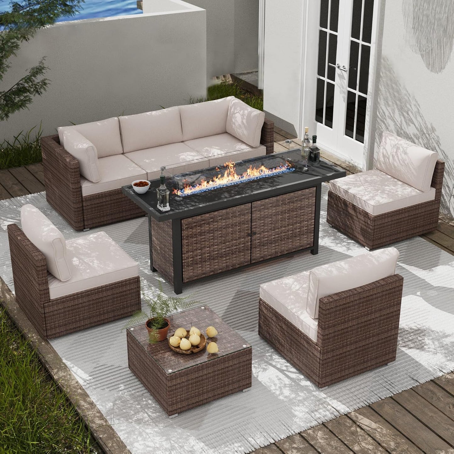 25-Pc Patio Furniture Set - 7 Piece Outdoor Rattan Sofa Set with 57" Fire Table and 17 Accessories, Modular Sofa Set for Garden/Poolside, Beige/Brown
