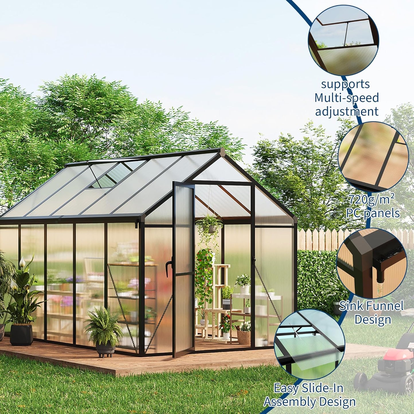 6x10 FT Greenhouse, Easy Assembly Aluminum Polycarbonate Greenhouses for Outdoors with Roof Vent and Ground Nails, Heavy Duty Aluminum Walk-in Greenhouse for Backyard, Sliding Lockable Door, Black