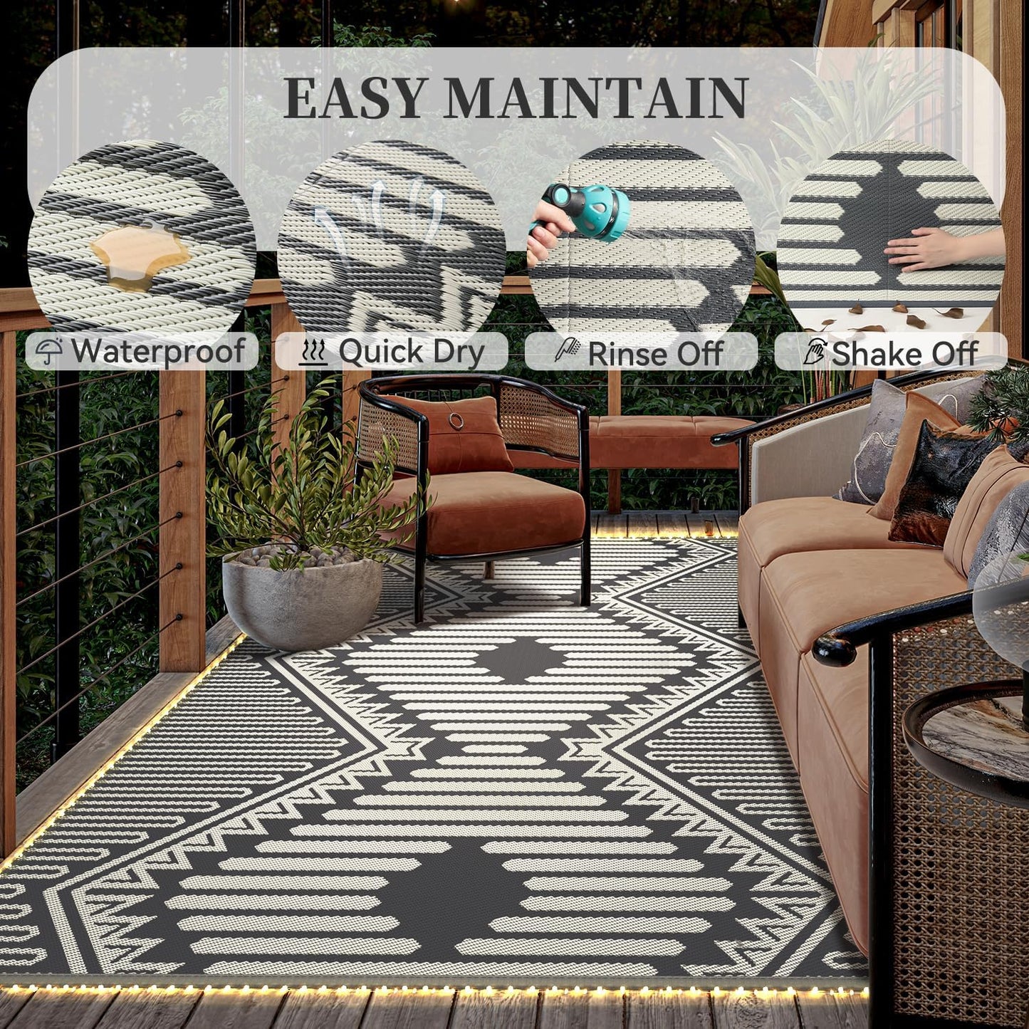 MontVoo Outdoor Rug with Led String Strip Lights 8x10 ft Waterproof Outdoor Patio Rug Mat Reversible Plastic Straw Rug Outside Outdoor Rug for RV Camping Picnic Balcony Fairy Boho Outdoor Decor