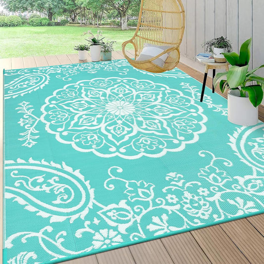 Pauwer Waterproof Outdoor Rug 6x9, Reversible Plastic Straw Patio Camping Rug, Indoor Outdoor RV Mat Carpet for Deck, Camper, Porch, Balcony, Backyard, Picnic, Boho Light Blue