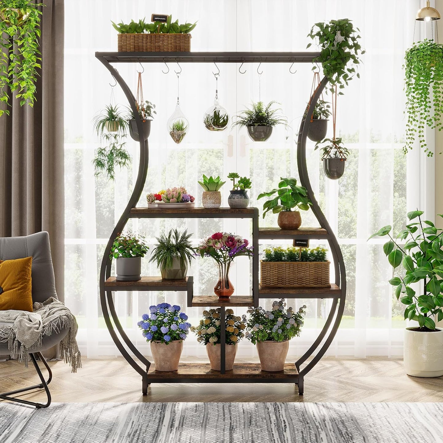 Tribesigns 6-Tier Plant Stand, 70.9 Inch Tall Plant Shelf with 10 Hanging Hooks, Vase Shape Ladder Plant Stand, Multi-Purpose Plant Display Rack for Indoor, Balcony, Living Room, Brown and Black