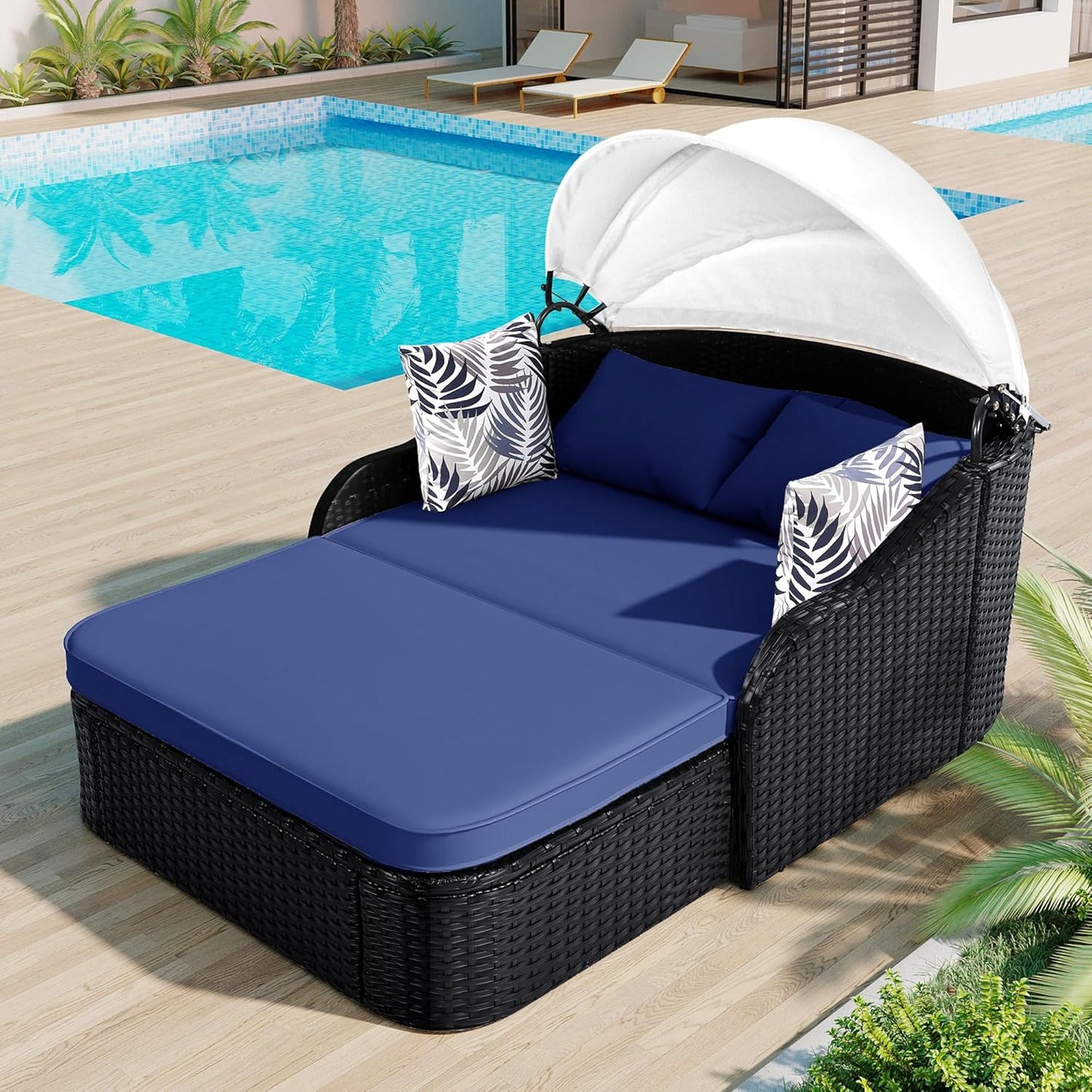 kevinplus Outdoor Patio Sunbed Daybed Double Lounge with Adjustable Canopy for Garden Backyard Pool, PE Rattan Wicker Material & Moveable Cushion Cover, Blue & Black