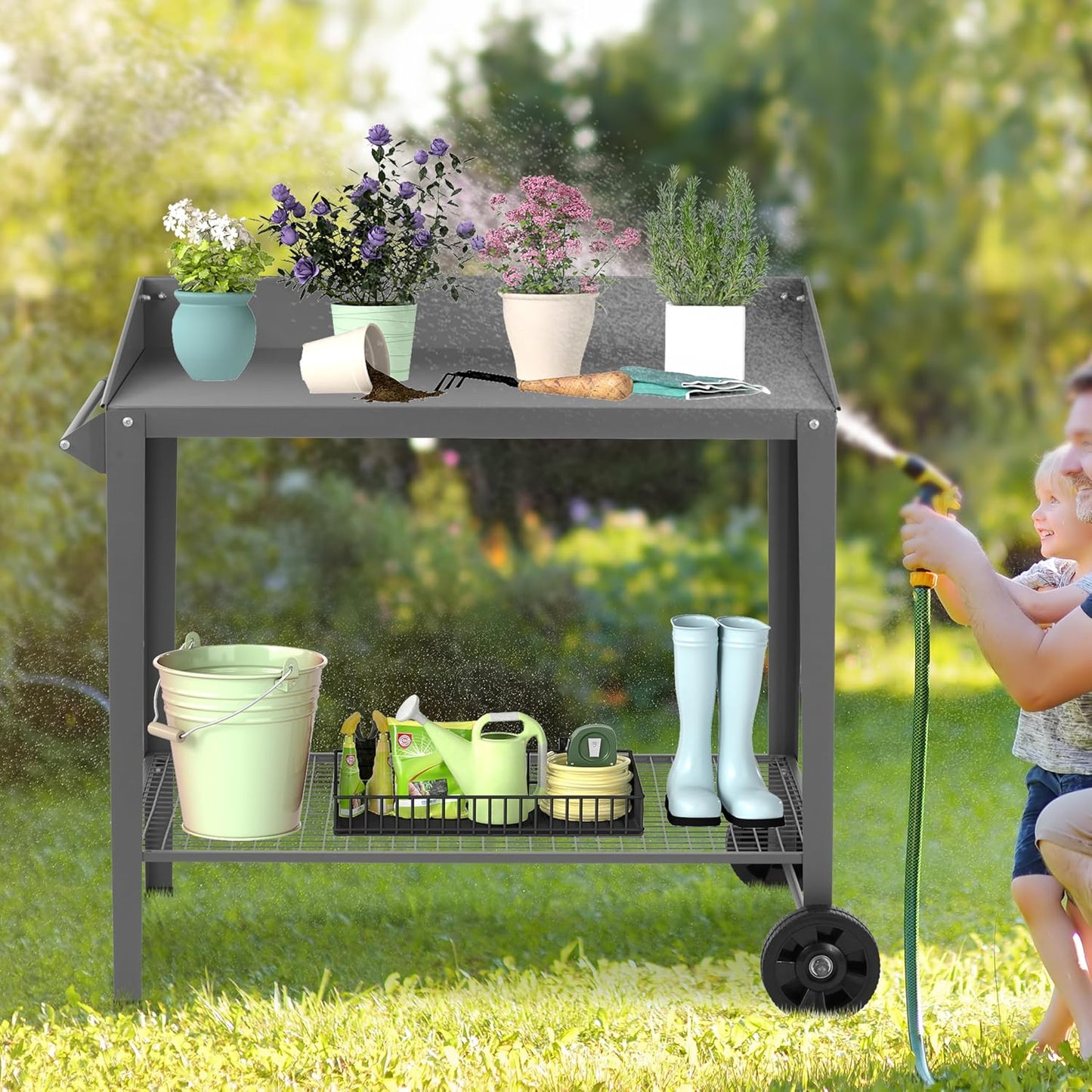 Outdoor Metal Potting Bench with Wheels, Heavy Duty Garden Workbench Table with Storage Shelf (Dark Gray, 36"x38.8")