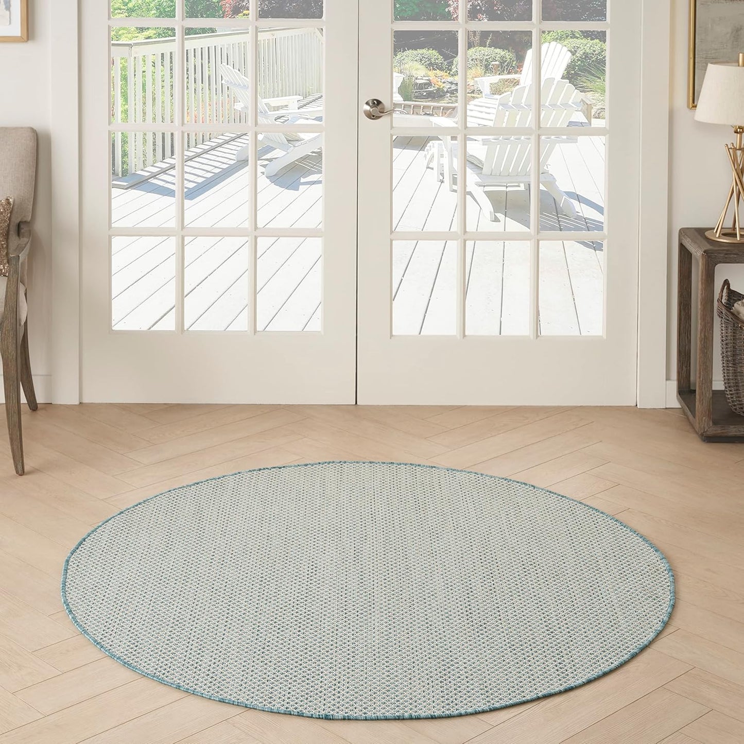 Nourison Home Courtyard Indoor/Outdoor Ivory/Aqua 4' x Round Area Rug, Easy Cleaning, Non Shedding, Bed Room, Living Room, Dining Room, Backyard, Deck, Patio (4 Round)