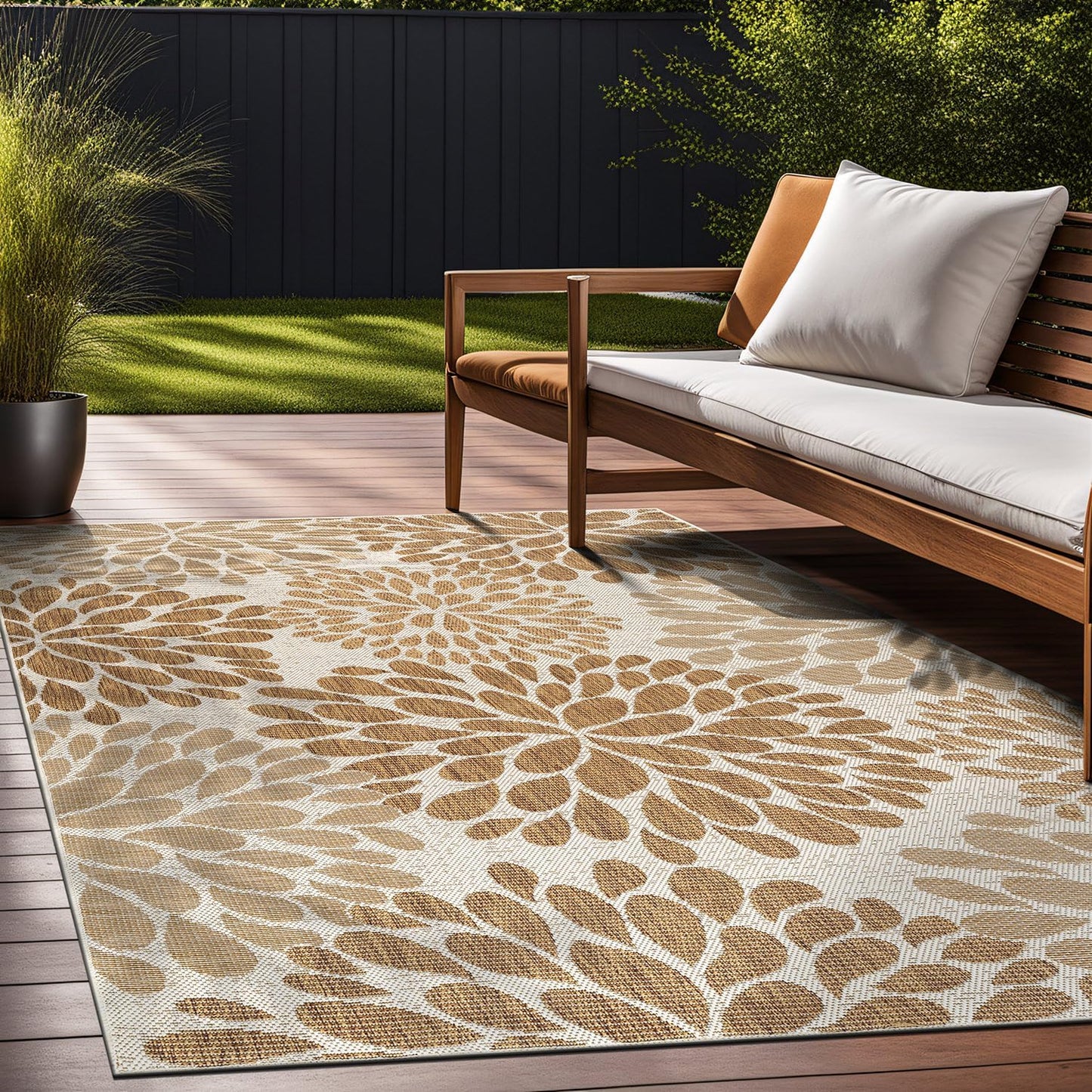 Beverly Rug Outdoor Rug 8x10 Modern Exotic Tropical Leaf Area Rugs for Indoor and Outdoor Patio Deck Porch Garden Water Resistant Washable Outside Carpet (8 x 10 Beige)