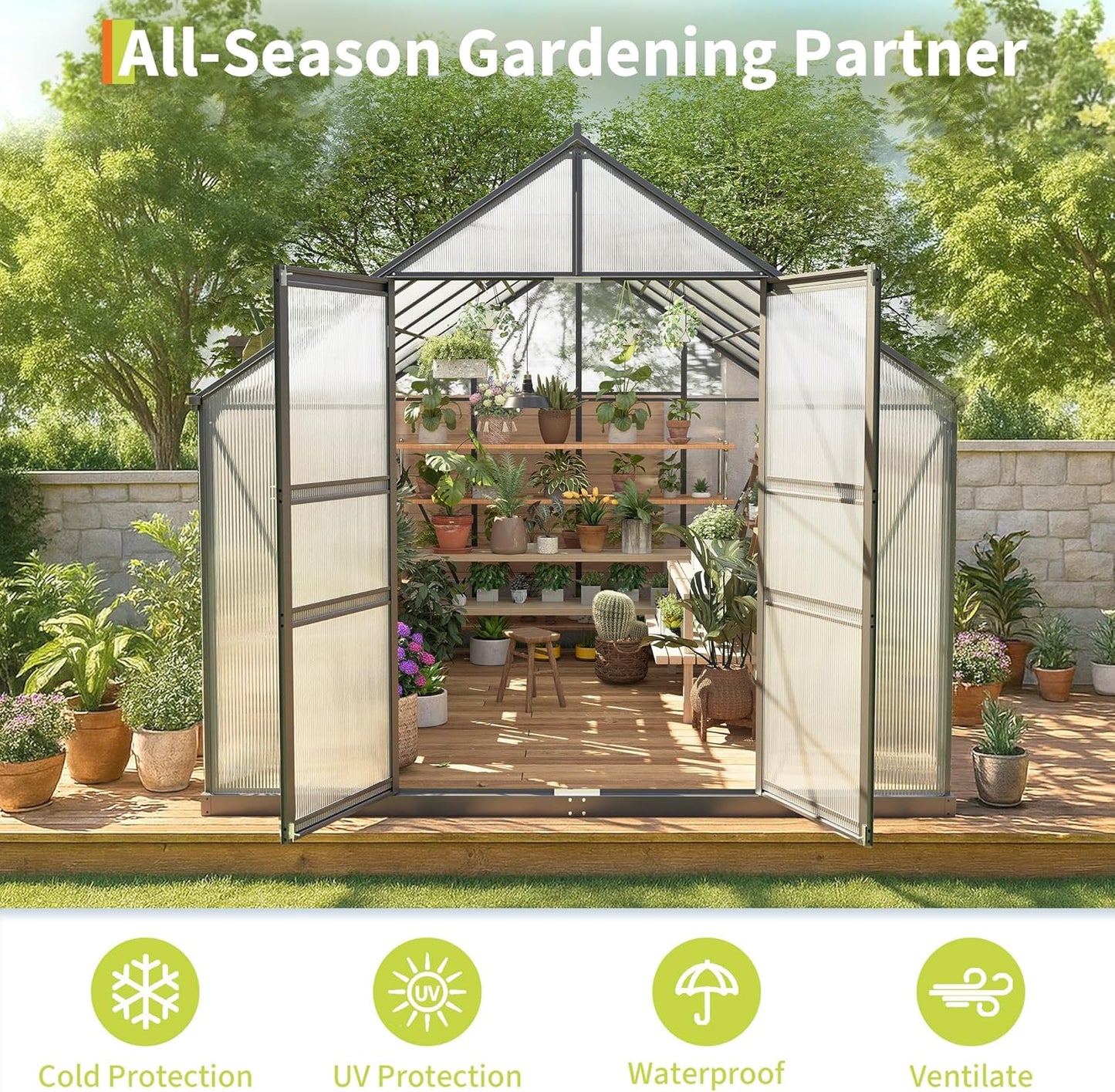 8*16 FT Outdoor Walk-in Greenhouse, Polycarbonate Green House, Heavy Duty Greenhouse with Vented Roof Window, Windproof Aluminum Frame, Suitable for Outside Gardening, Backyard, Patio