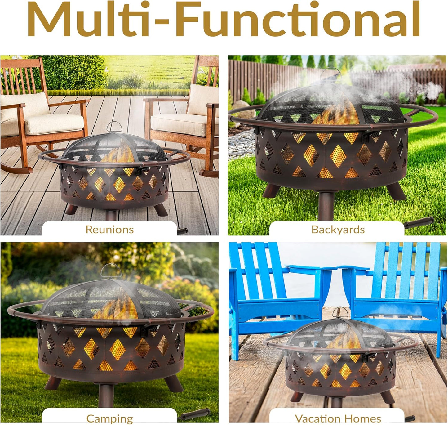 Sunnydaze Crossweave Outdoor Fire Pit - Wood-Burning Fire Pit for Outside with Spark Screen, Poker and Round Cover - 30-Inch - Bronze