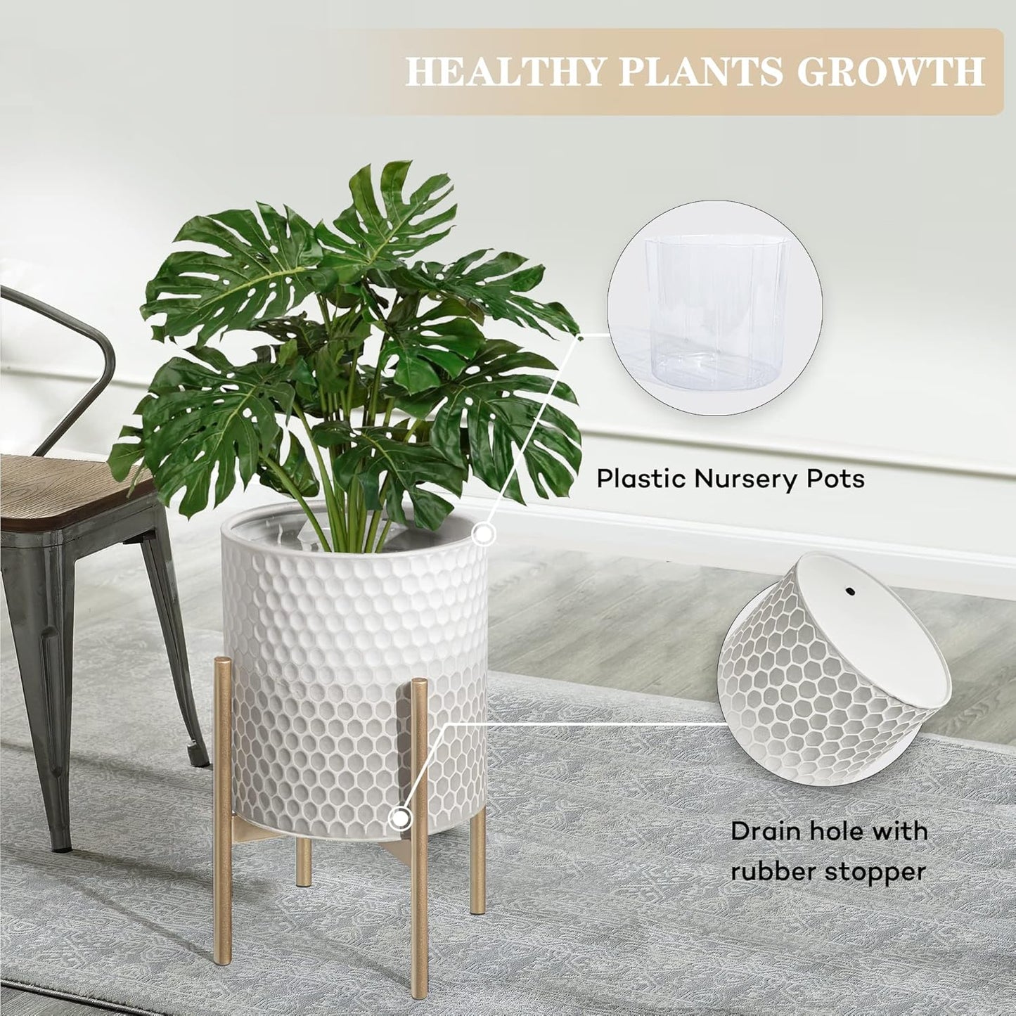 Oakrain Mid Century Planters for Indoor Plants, Set of 2, Modern Decorative Metal Pots for Living Room, Office, Garden or Balcony, Gray and White Gradient Planter with Stand, 8 inch&10 inch