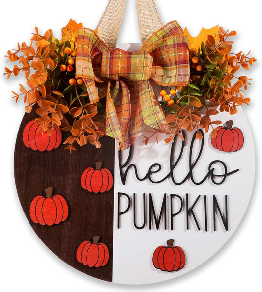 Hello Pumpkin Wooden Door Hanger Fall Outdoor Wreath with Bow & Wreath | Thanksgiving Fall Front Door Decor | Rustic Harvest Farmhouse Sign for Porch, Wall | Indoor Outdoor Autumn Home Decor