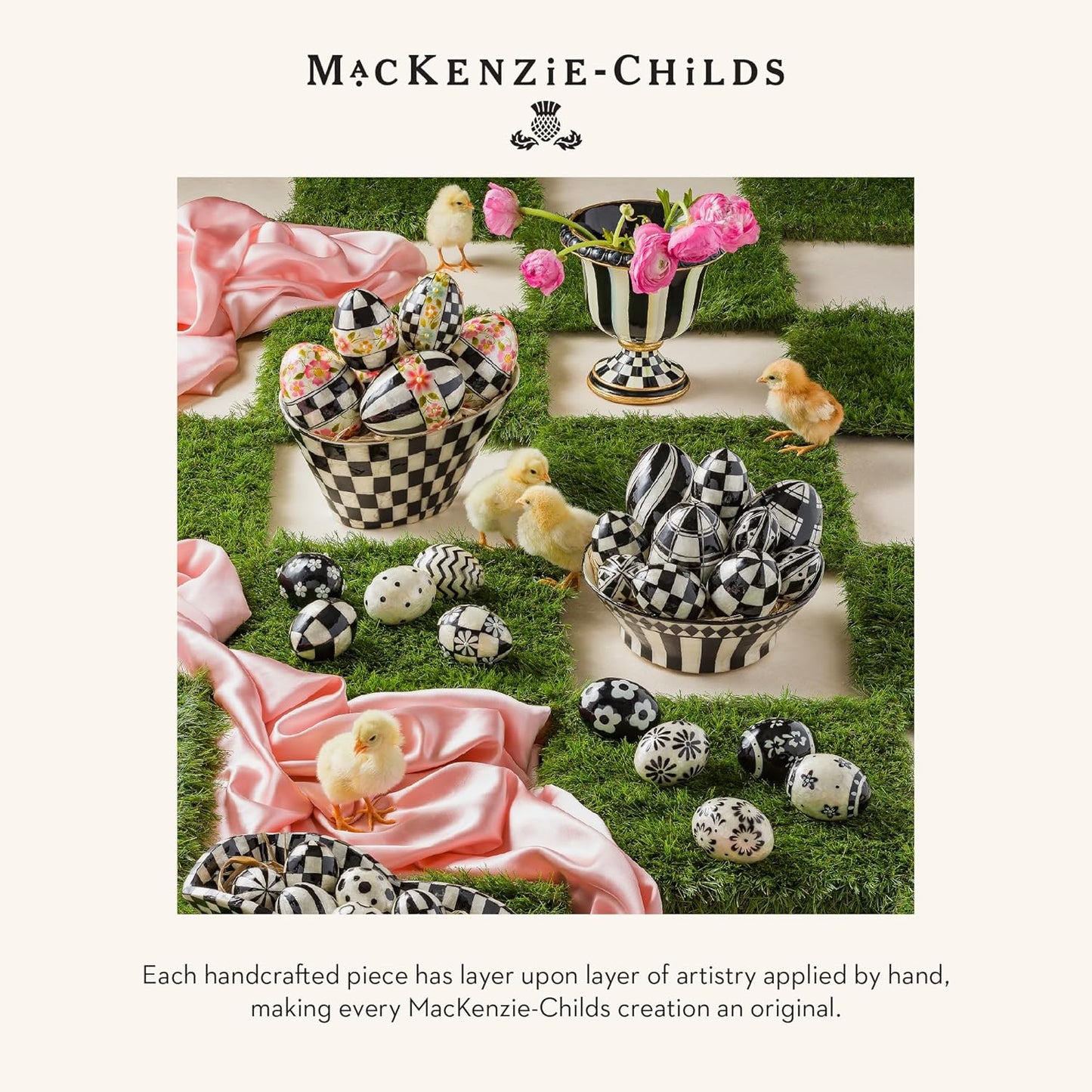 MACKENZIE-CHILDS Pedestal Tabletop Urn, Decorative Centerpiece for Table, Mantel, or Shelf, Small, Black-and-White Courtly Stripe