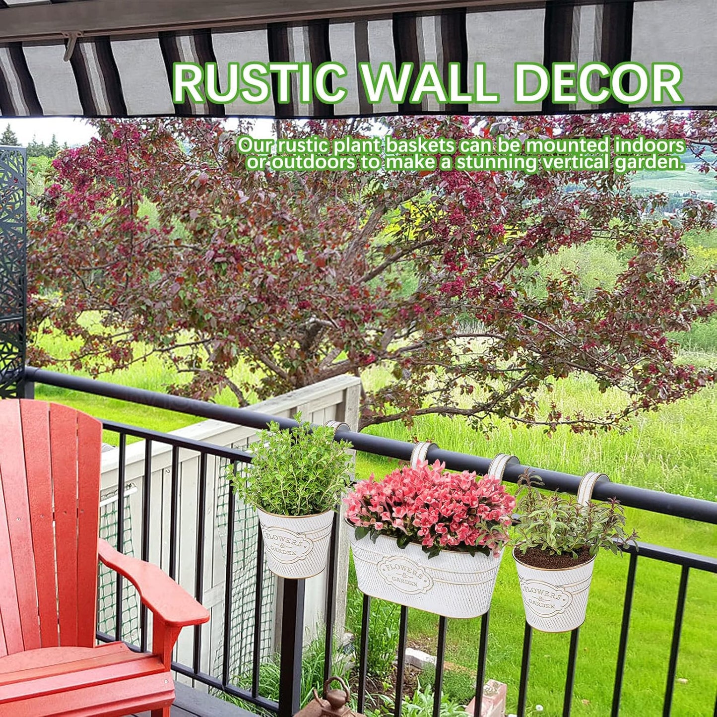 PerGar Vintage Metal Iron Wall Hanging Flower Pots, Rustic Planter Bucket Herb Flower Plant Holder with Detachable Hooks & Drainage Hole for Railing Fence Balcony Deck Garden Home Decoration, Set of 3