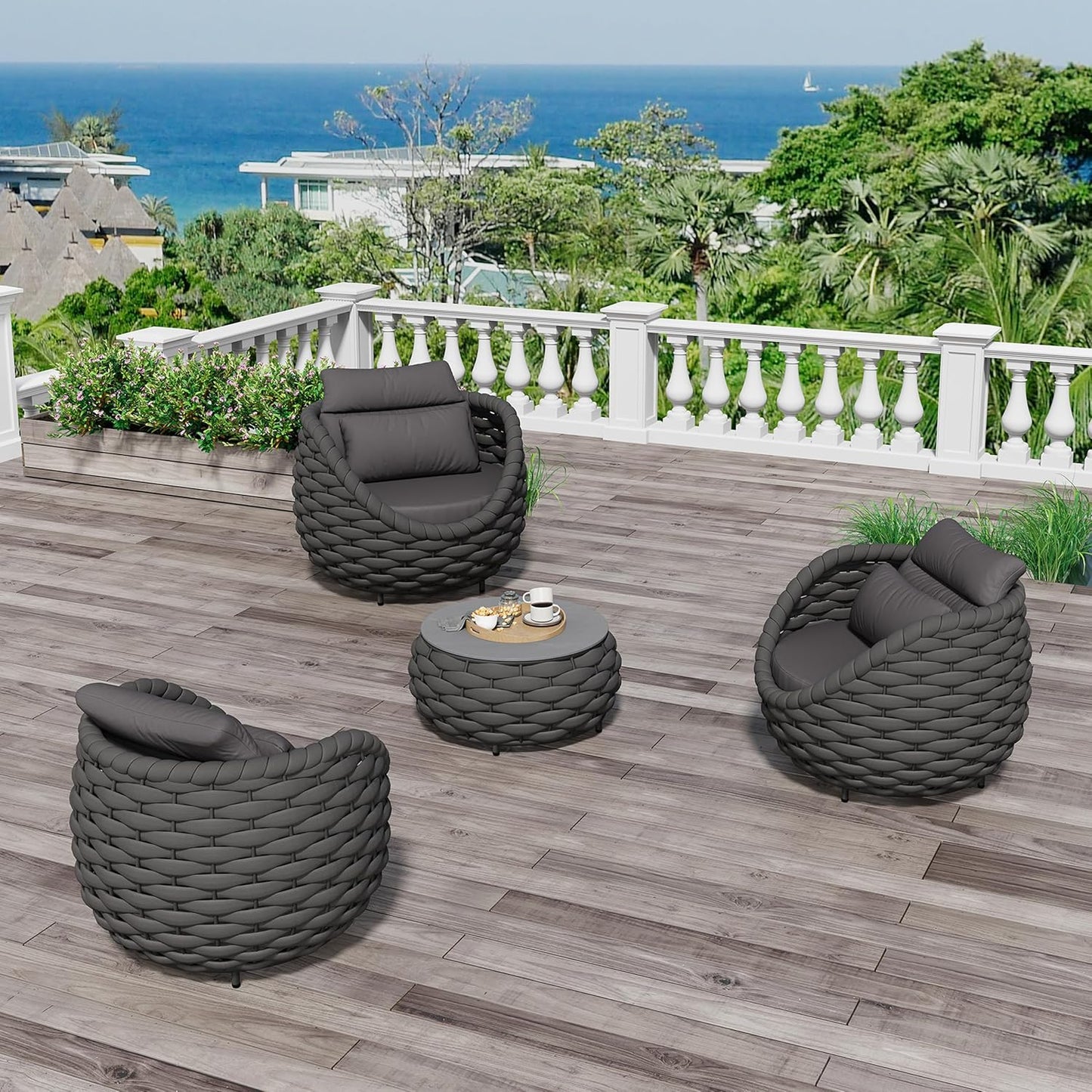 4 Pieces Courtyard Seating Set: Aluminum Woven Rope Patio Furniture Chair Set - All Weather Metal Outdoor Conversation Set - Assembled Armchair w/Table for Bistro Deck Porch Balcony, Dark Grey