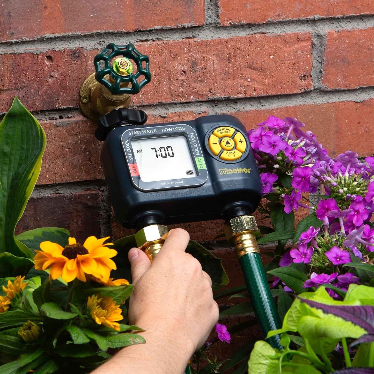 Melnor 65139AMZ AquaTimer Digital Hose Timer, 2-Zone Programmable Watering Timer, Quick Connect Bundle, Black, Yellow