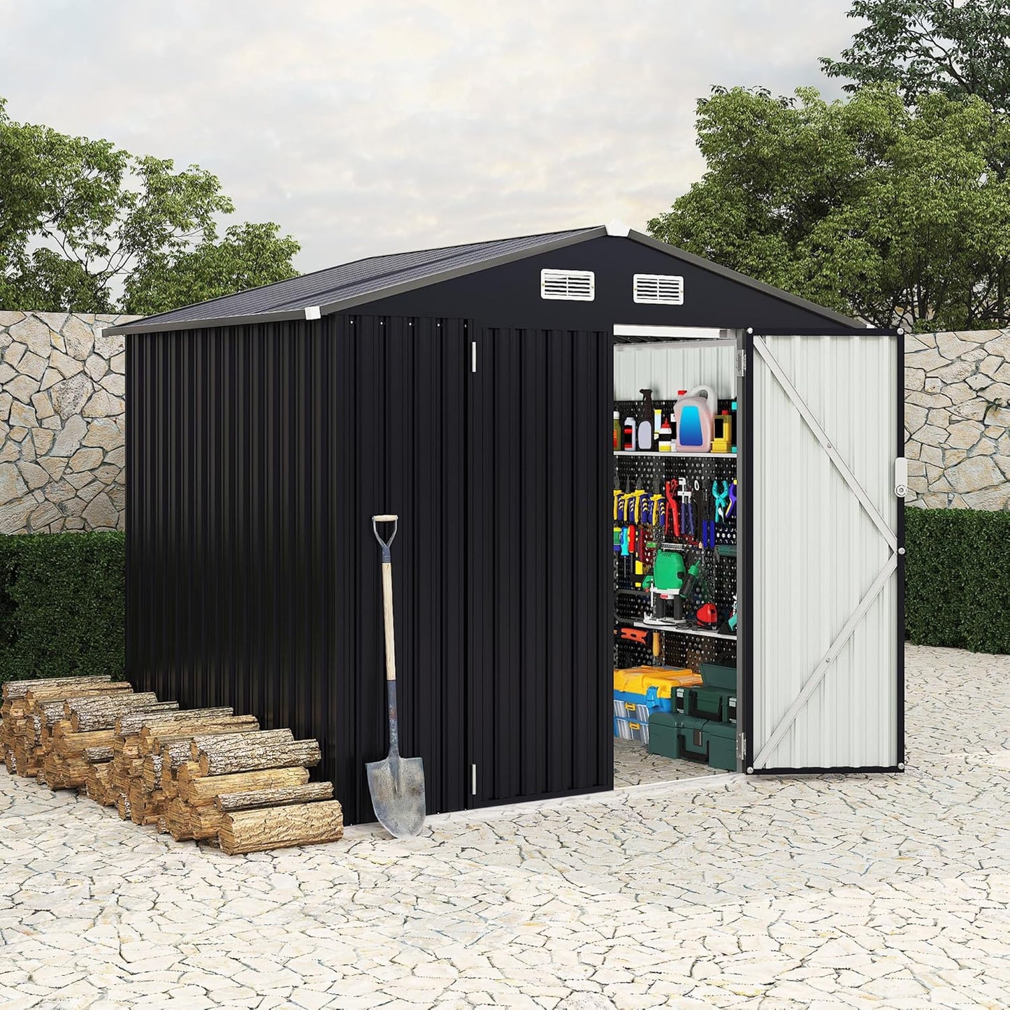 6x8 FT Metal Storage Sheds Outdoor, Metal Yard Sheds MetalGarden Shed Kit, MetalTool Shed with Lockable Door, Utility Buildings with Air Vent for Backyard Garden Patio Lawn
