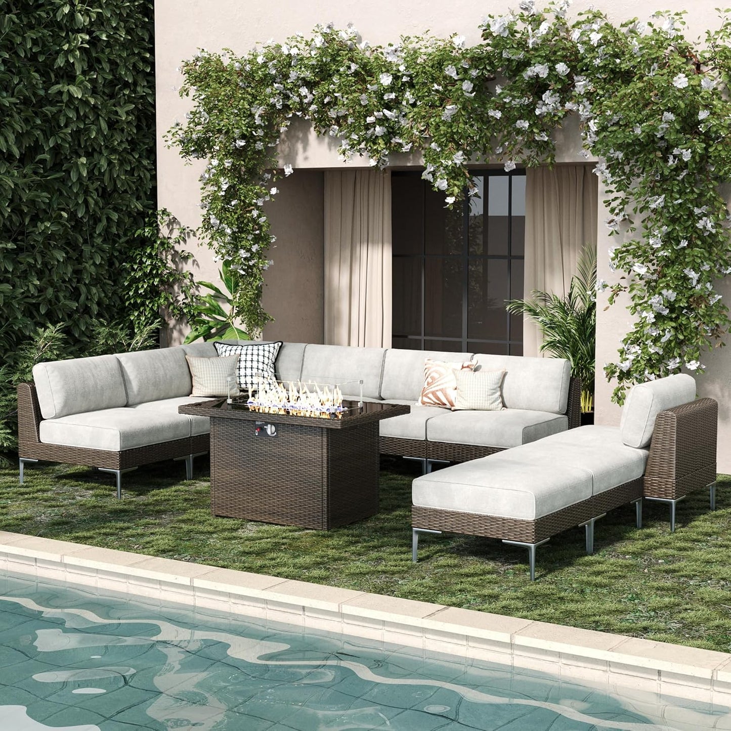 LayinSun 10-Piece Outdoor Modular Wicker Sectional Sofa with Fire Pit Table, Patio Furniture Conversation Set with Deep Seating and Thick Cushions