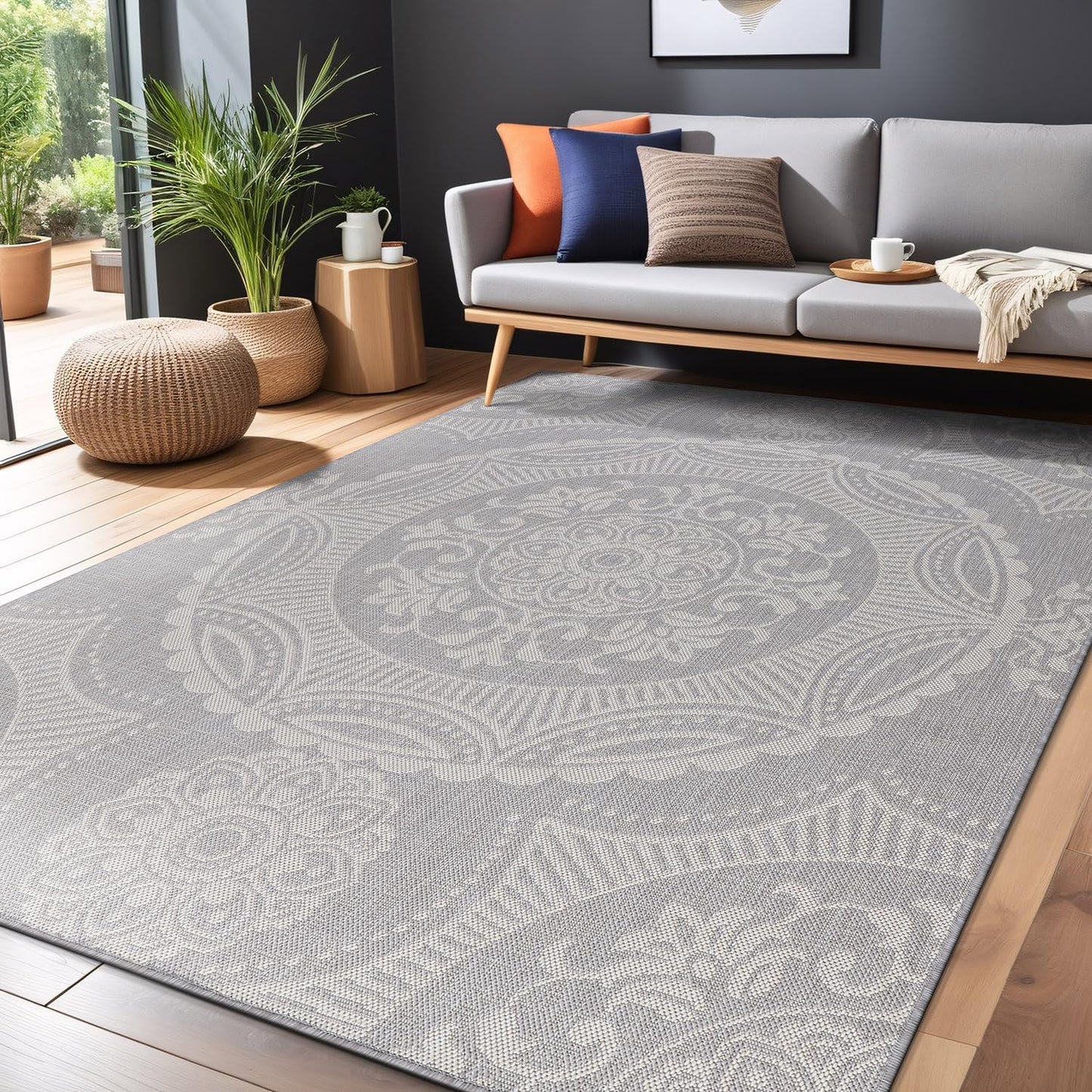 Medallion Outdoor Rug 5x7 Washable Outside Carpet for Indoor Patio Porch Waterproof Easy Cleaning Non Shedding Area Rugs Gray 5 x 7