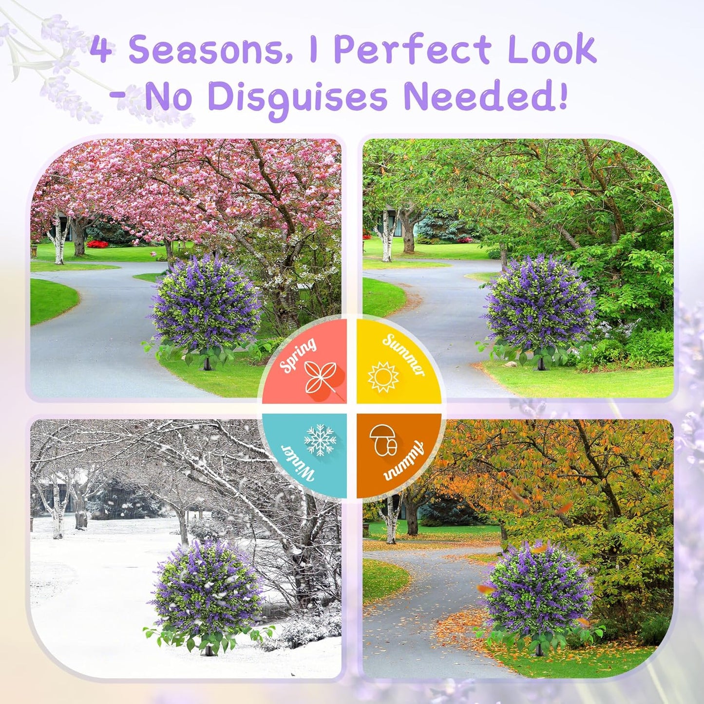 28" Artificial Boxwood Topiary Ball with Lavender, UV Resistant Topiary Tree Faux Boxwood Ball Shaped Porch Bushes with Ground Spike Artificial Bushes for Outdoors Front Door Decor Home Garden