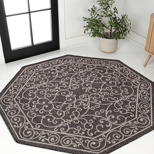 JONATHAN Y SMB106G-8TGN Charleston Vintage Filigree Textured Weave Black/Gray 8' Octagon Indoor/Outdoor Area Rug, Non-Shedding, Stain Resistant,Fade Resistant, Easy-Cleaning for Backyard Patio, Porch
