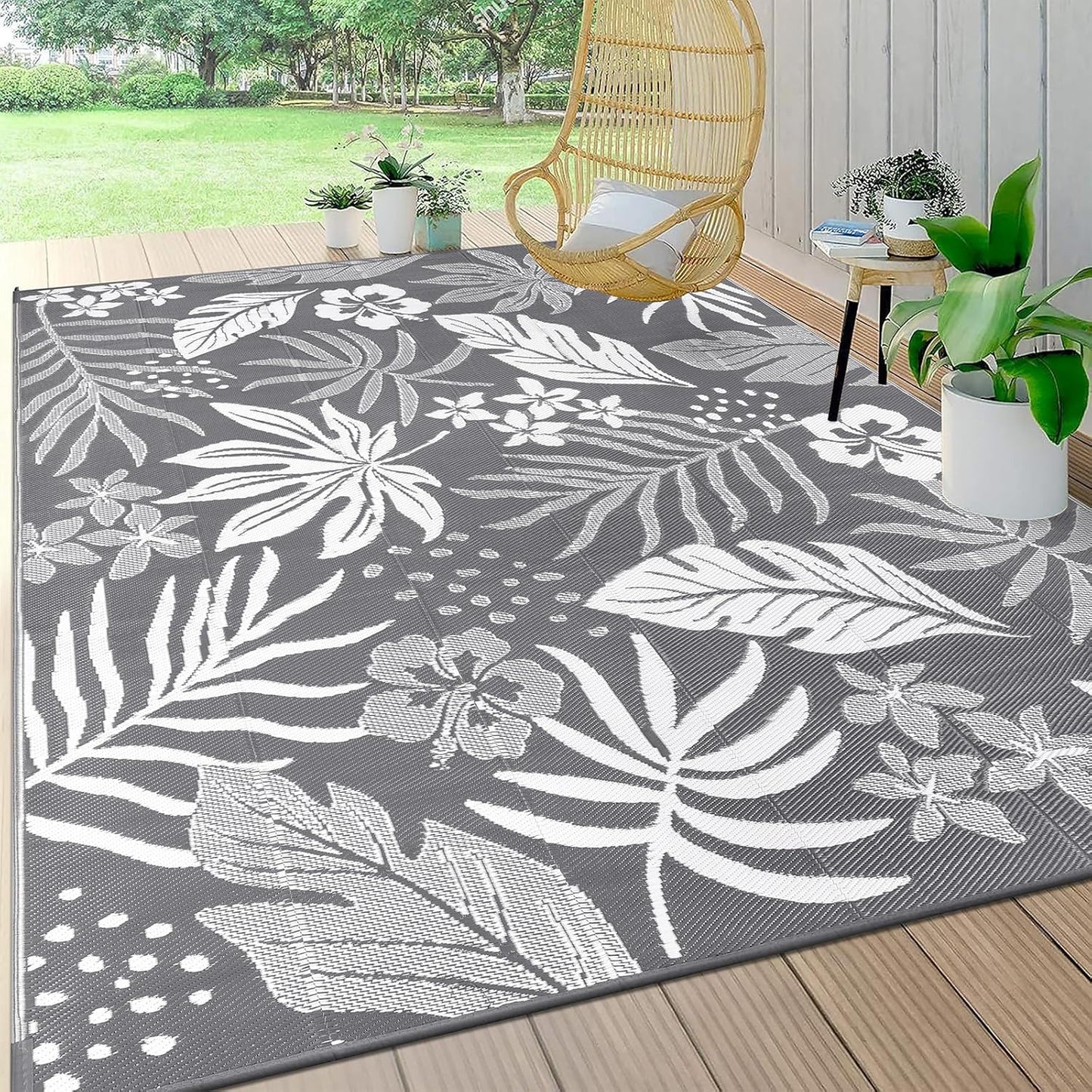 Pauwer Waterproof Outdoor Rug 8x10, Reversible Plastic Straw Patio Camping Rug, Indoor Outdoor RV Mat Carpet for Deck, Camper, Porch, Balcony, Backyard, Picnic, Floral Grey