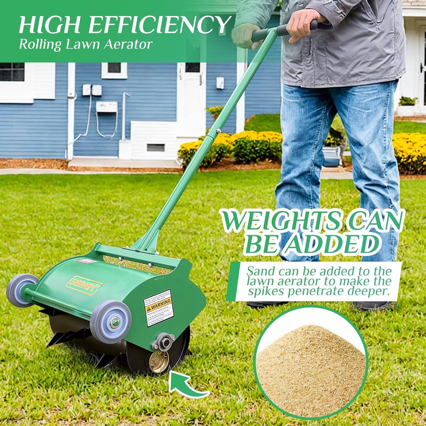 Rolling Lawn Aerator, Heavy Duty Push Spike Aeration Tool Up to 55 lbs, Manual Rotary Grass Aerator for Garden and Yard Use