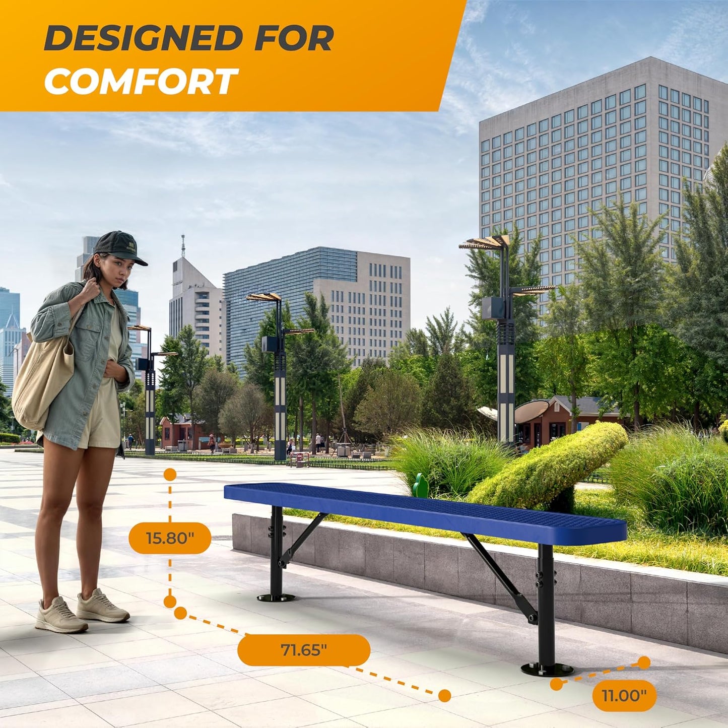 Heavy-Duty Outdoor Metal Bench, Thermoplastic-Coated, Surface, Weatherproof, Commercial-Grade for Parks, Gardens, Patios, Stores & More (6 Ft - Surface, Blue)