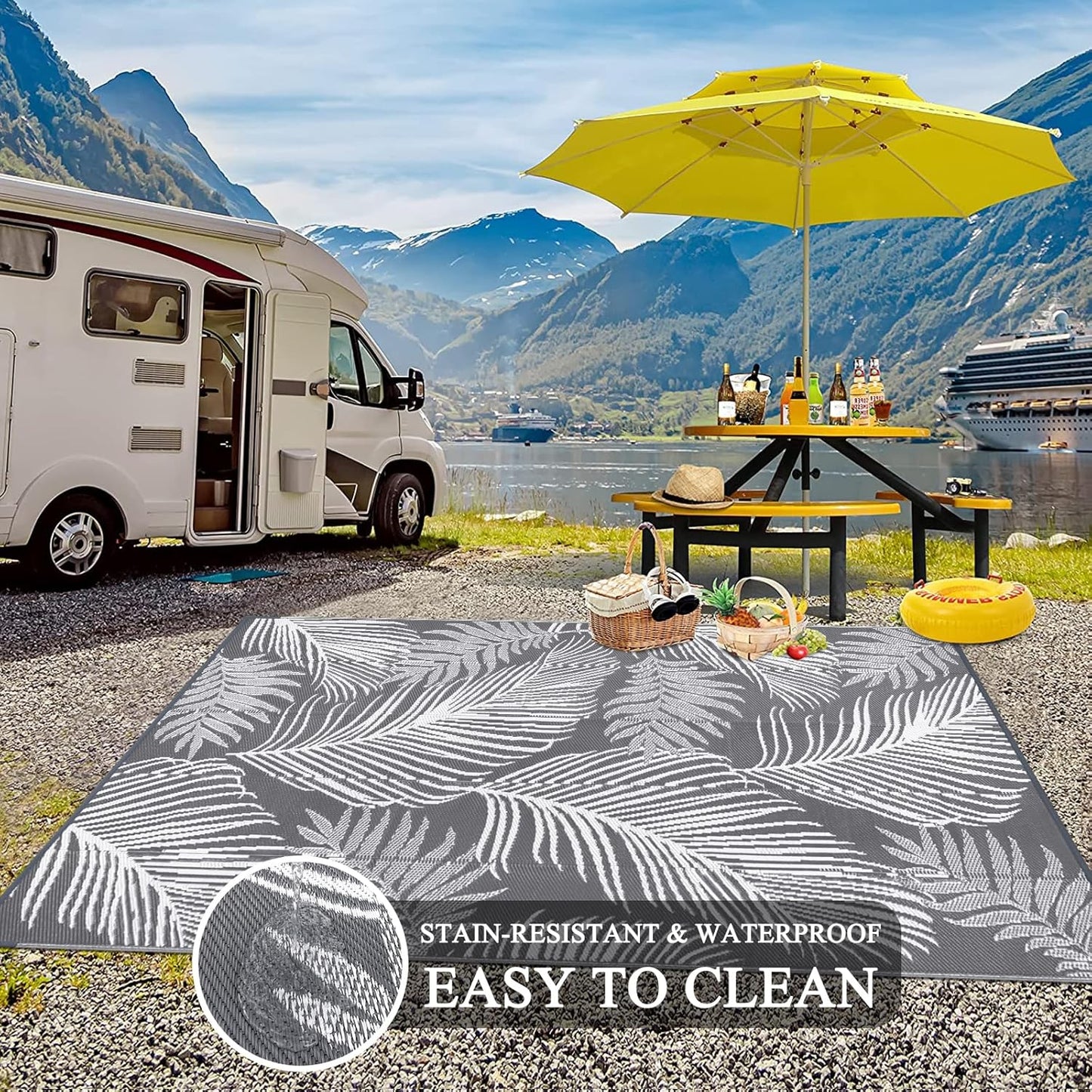 Pauwer Waterproof Outdoor Rug 8x10, Reversible Plastic Straw Patio Camping Rug, Indoor Outdoor RV Mat Carpet for Deck, Camper, Porch, Balcony, Backyard, Picnic, Leaf Grey