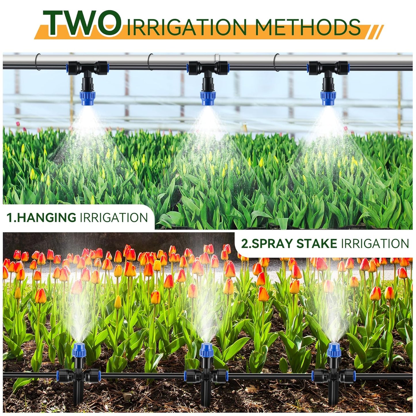 Meonum 65FT Garden Watering System, Quick Connector Drip Irrigation Kit, Hanging Plant Misting System Kit for Greenhouse, Yard, Lawn, Raised Bed with 1/4 inch Blank Tubing and Accessories (2 Pack)