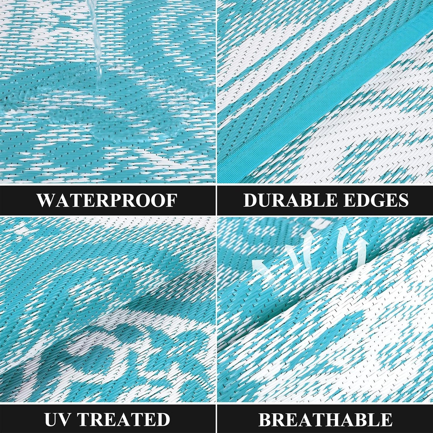 Pauwer Waterproof Outdoor Rug 8x10, Reversible Plastic Straw Patio Camping Rug, Indoor Outdoor RV Mat Carpet for Deck, Camper, Porch, Balcony, Backyard, Picnic, Clover Teal