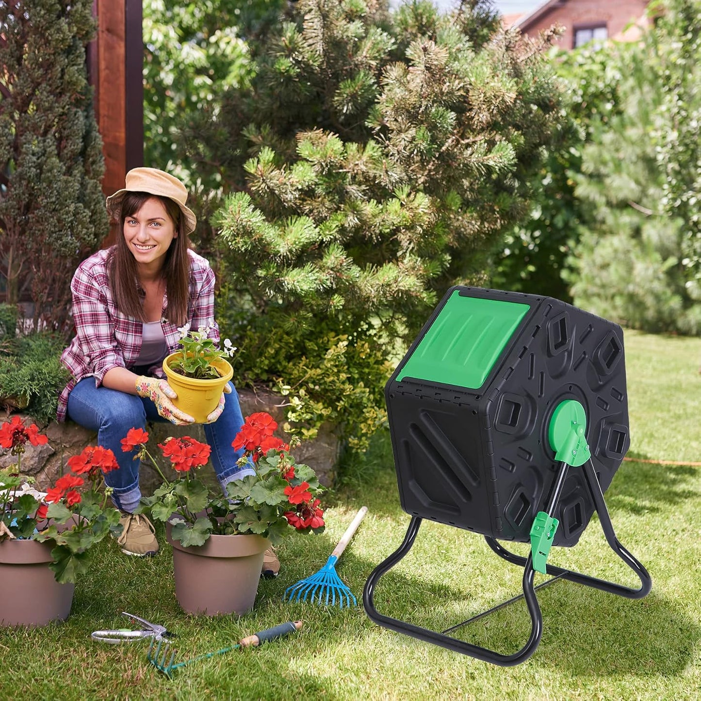 Nouva Outdoor Composting Bin, 18.5 Gallon Single Chamber Small Tumbling Composter,Steel Frame Heavy Duty Barrel for Kitchen Garden Yard