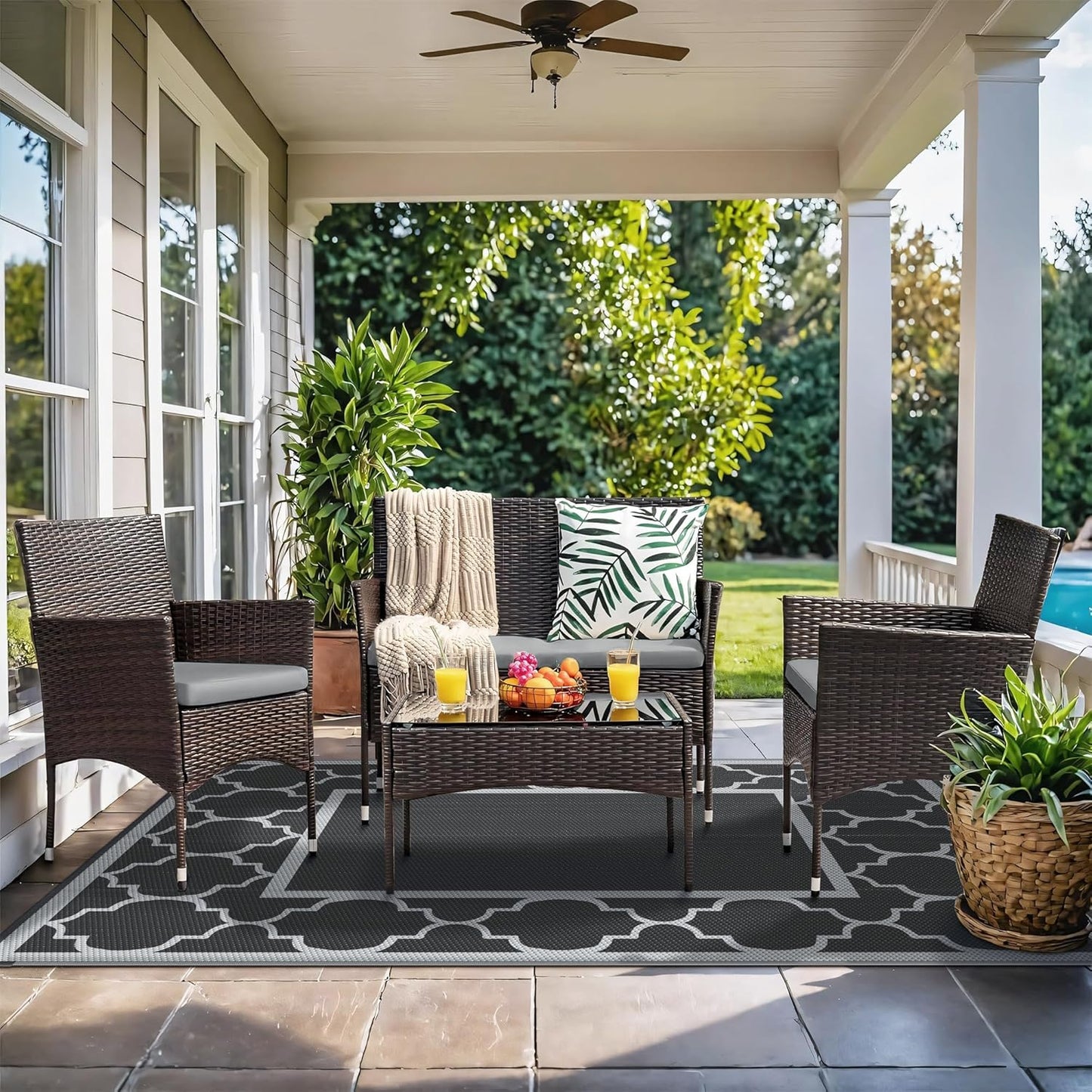 GENIMO Outdoor Rug 9' x 12' Waterproof for Patio Decor, Reversible Plastic Straw Area Rugs Mat for Camper, Outside Carpet for Camping, Rv, Deck, Porch, Picnic, Beach, Balcony, Black & Grey