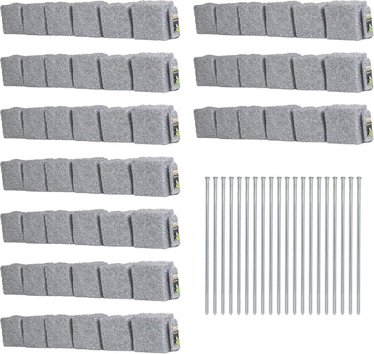 Beuta Landscape Edging | Garden Edging Border | Faux Stone Blocks for Lawn Edging, Flower Beds & Yard Edging – 10 Pack | Each Section Has 6 Blocks 48" L x 4" W x 6.5" H | 20 Spikes | Greystone