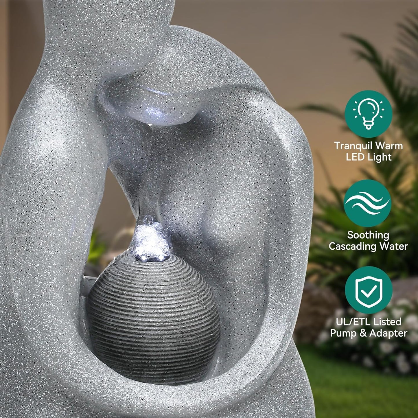 20.9in Hugging Couple Outdoor Water Fountain with LED Lights, Modern Couple Silhouette Garden Water Fountain for Patio, Yard,or Indoor Décor