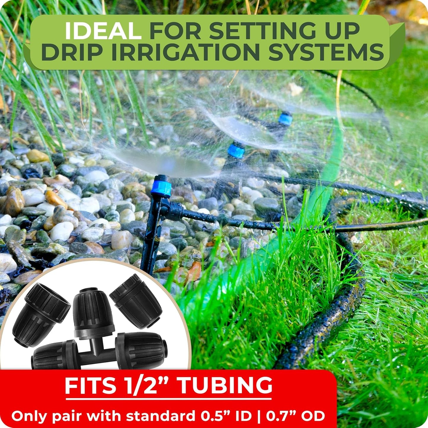 Carpathen Drip Irrigation Fittings Pack - for Push-to-Connect Irrigation System - 3 x 3/4" to 1/2" Irrigation Tubing Faucet Adapter, 1 x 3Way Tee T Shape Barbed 1/2 Tubing Splitter, 3 x 1/2 End Plugs