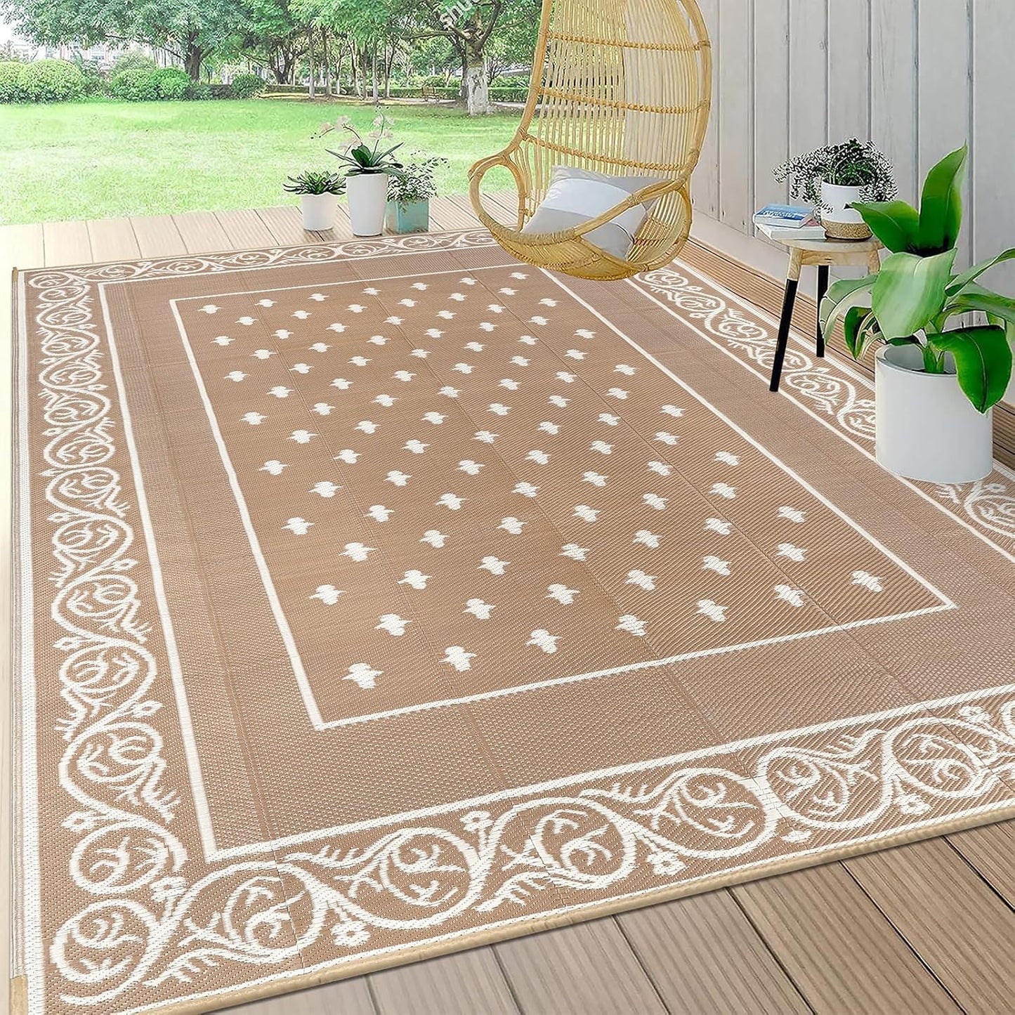Pauwer Waterproof Outdoor Rug 9x12, Reversible Plastic Straw Patio Camping Rug, Indoor Outdoor RV Mat Carpet for Deck, Camper, Porch, Balcony, Backyard, Picnic, Bordered Beige