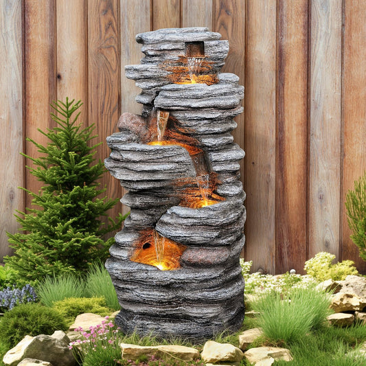40" Outdoor Water Fountain with LED Lights - 5-Tier Cascading Rock Waterfall Fountain, Natural Rock Look, Ideal for Garden, Landscaping, Patio, Balconies and Yard Decor