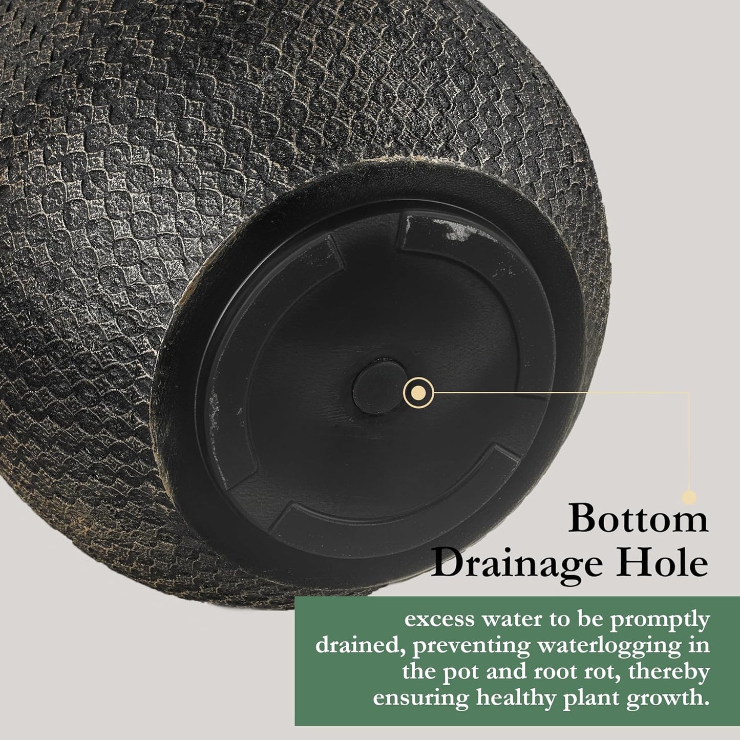 Worth Garden Large Round Planters Set of 2 (14.5"x17.5" & 12" x15“) - Lightweight Magnesium Oxide Cement Plant Pot with Texture - Concrete Look with Drainage Hole – Indoor & Outdoor Use - Black Gold