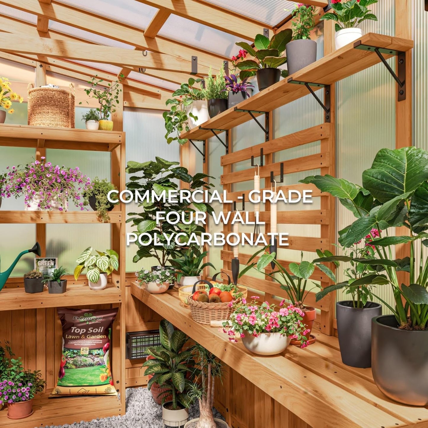 Backyard Discovery Poppy 9' x 6' Cedar Wood and Polycarbonate Walk-in Greenhouse Kit with Exhaust Fan, Windows, Hose Hook-Ups, PowerPort, Staging Shelves, Plant Hooks for Year-Round Outdoor Gardening