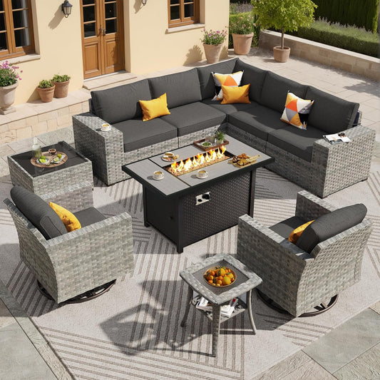 ovios 10 Pieces Patio Furniture Set, Outdoor Wicker Sectional Sofa with 42" Fire Pit Table Swivel Chairs, Modern Modular Deep Seat Rattan Couch Conversation Sets, Black