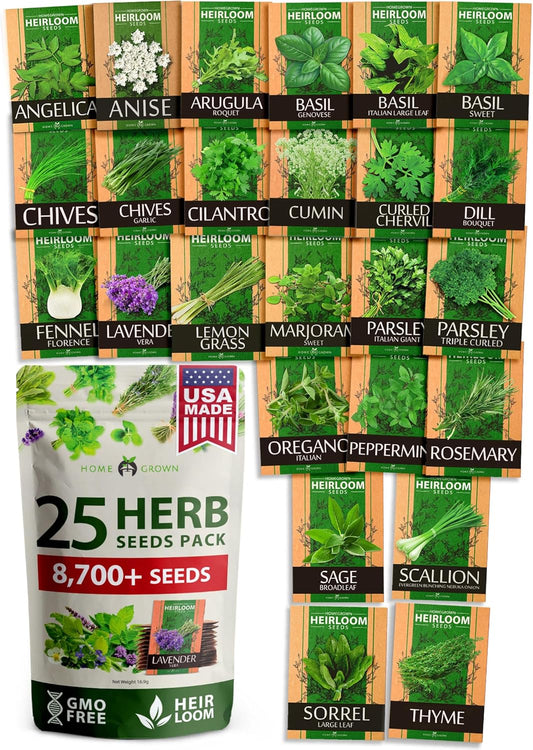 HOME GROWN 25 Herb Seeds for Planting 8,700+ Non-GMO Heirloom Seeds | Extra Large Variety Pack Herb Kit – Indoor Outdoor & Hydroponic | Culinary Seed Set | Grow Your Own Herbs | Gardening Gift