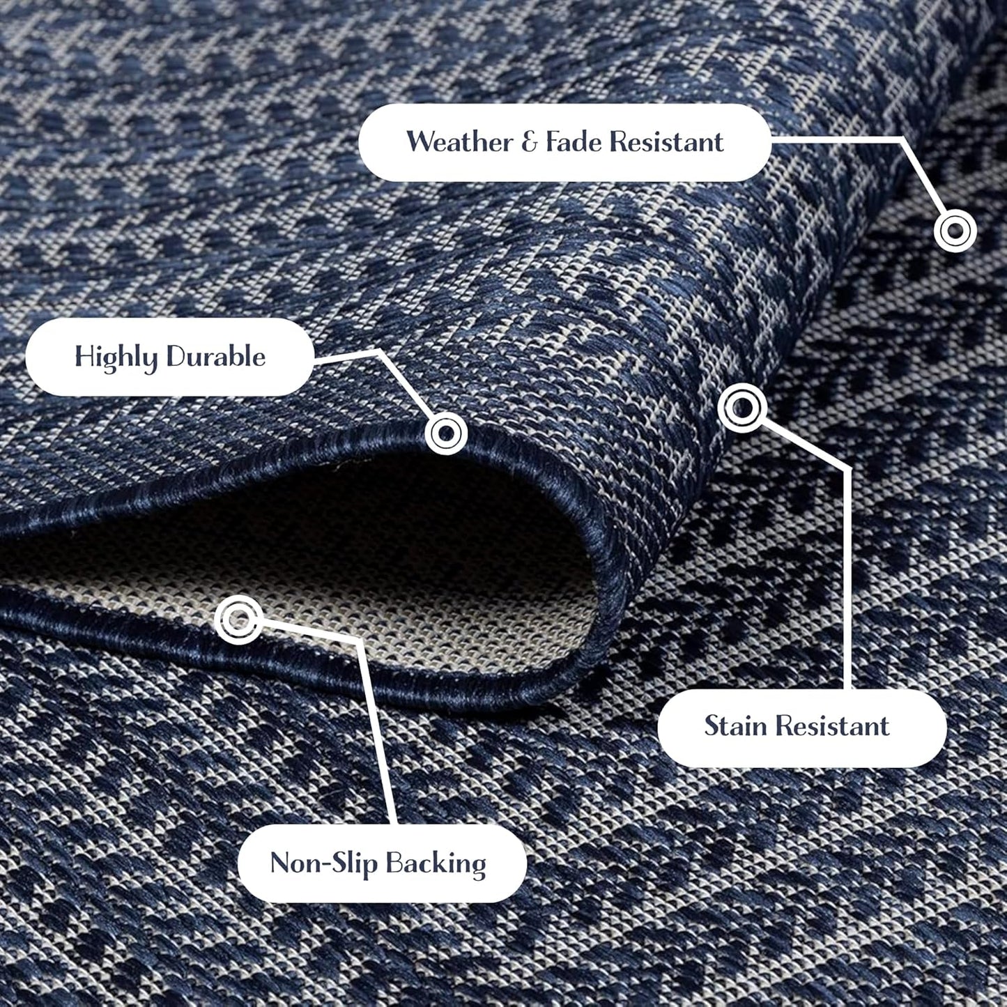 Adiva Rugs Outdoor Indoor Area Rug, Weather Resistant, Easy to Clean, Stain Resistant Floor Mat for Dining Room, Backyard, Deck, Patio (Navy Weiss, 2' x 3')