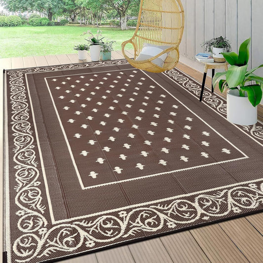 Pauwer Waterproof Outdoor Rug 10x14, Reversible Plastic Straw Patio Camping Rug, Indoor Outdoor RV Mat Carpet for Deck, Camper, Porch, Balcony, Backyard, Picnic, Bordered Brown